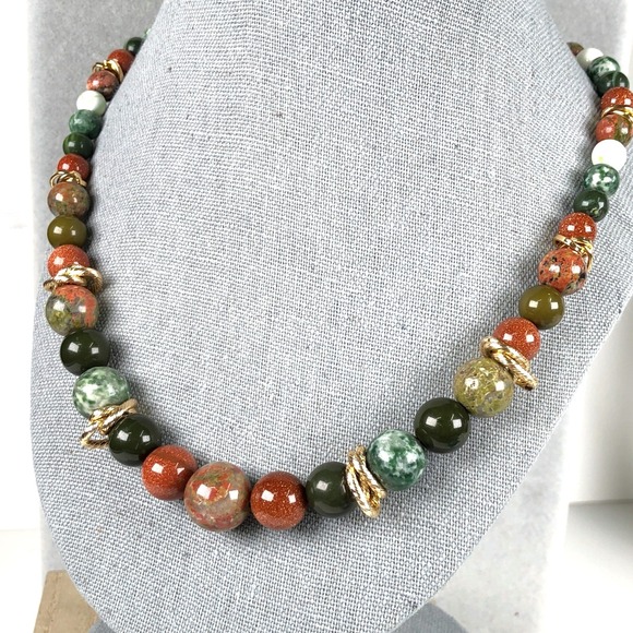 Estate Jewelry - Natural Stone Beads Jewelry Set Unakite Green Jasper Goldstone Gold Tone Spacers